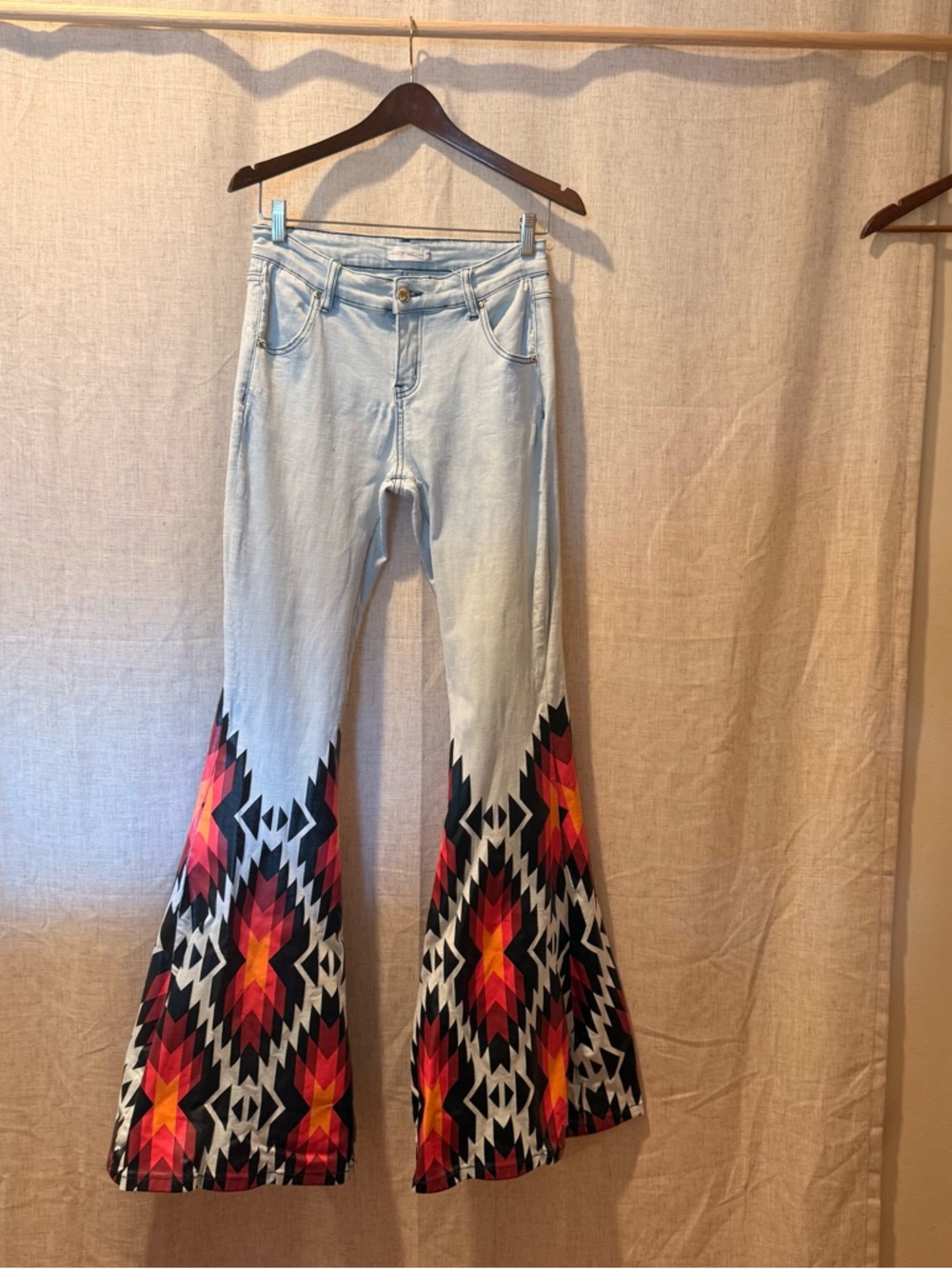 Light blue Aztec-Trim Super Flare Jeans
